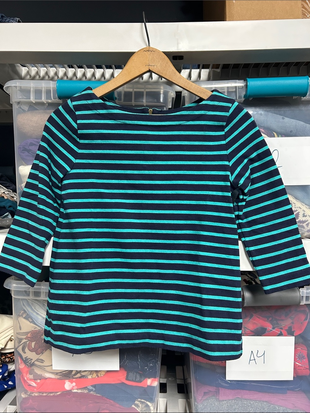 LOFT Navy and Teal Striped 3/4 Sleeve Boatneck Top